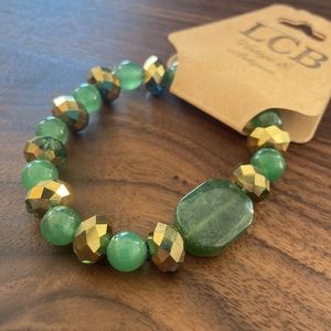 Vintage Bracelet - Round and Cut Green Jade Stone Bead with Plastic Golden Beads